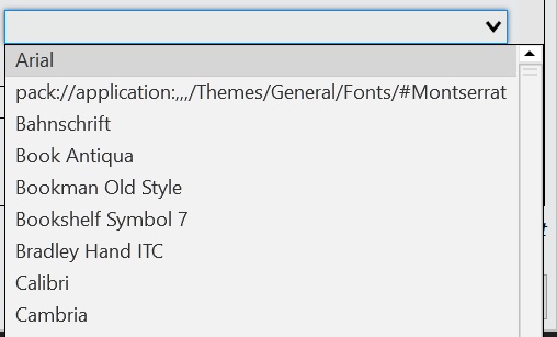 ComboBox dropdown showing system fonts and URI to Google font