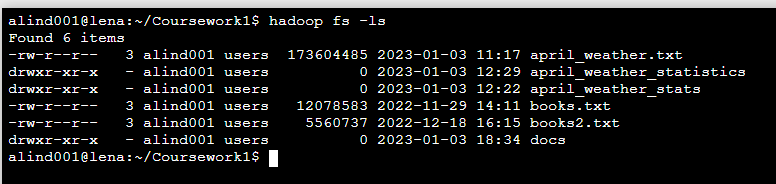 Screenshot showing docs directory on Hadoop