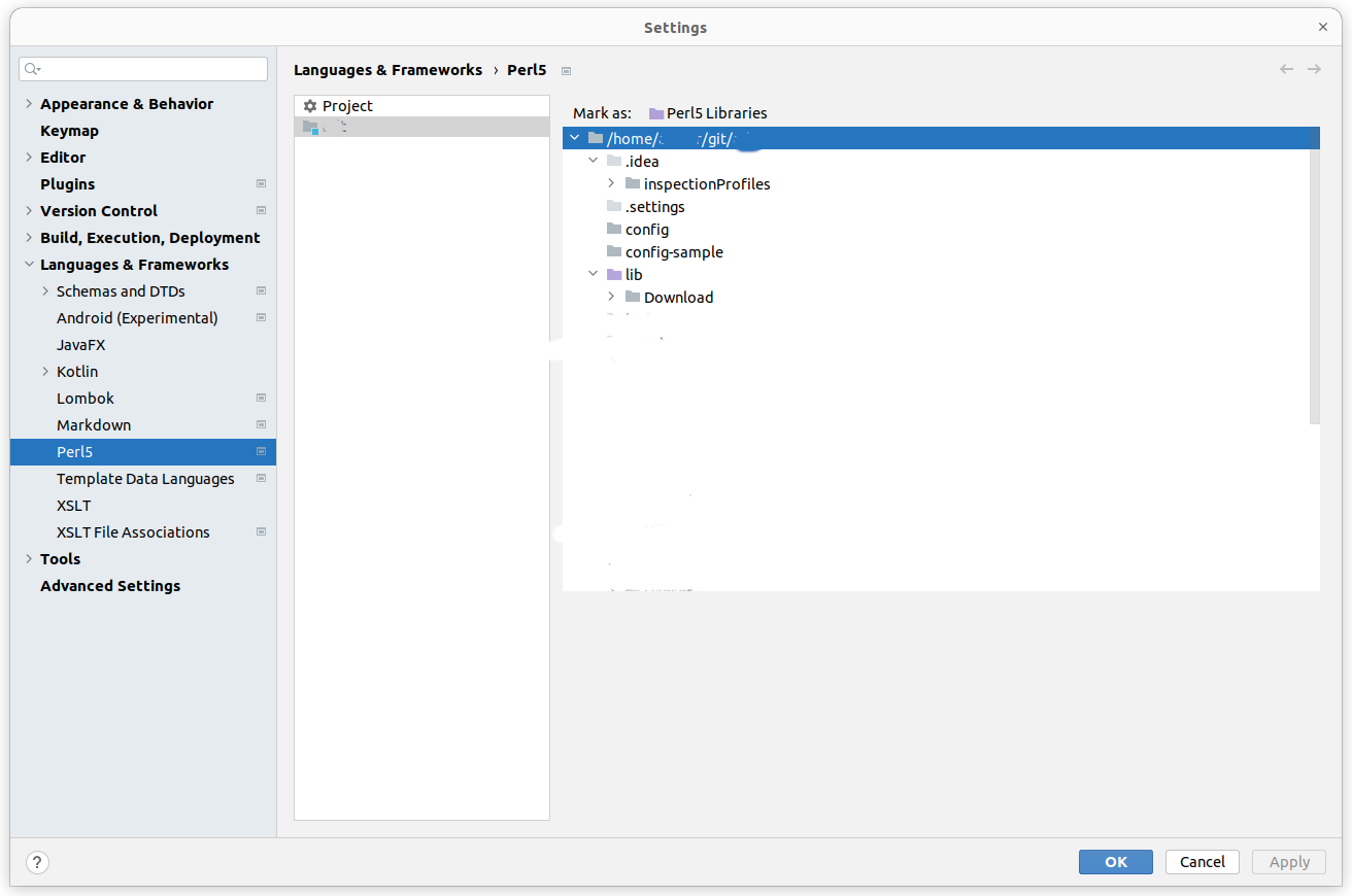 Intellij Perl library settings dialog