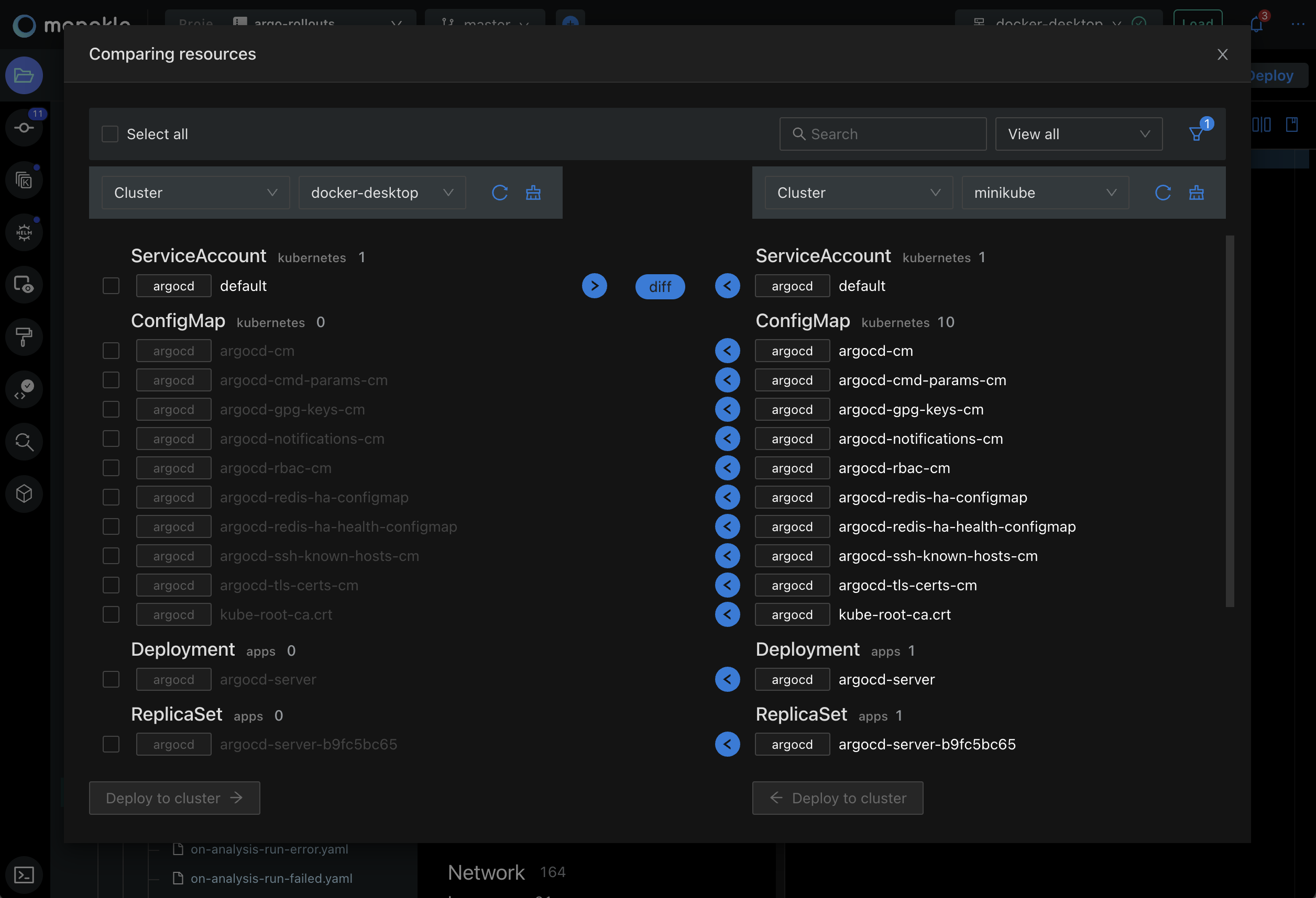 Monokle's Compare & Sync UI