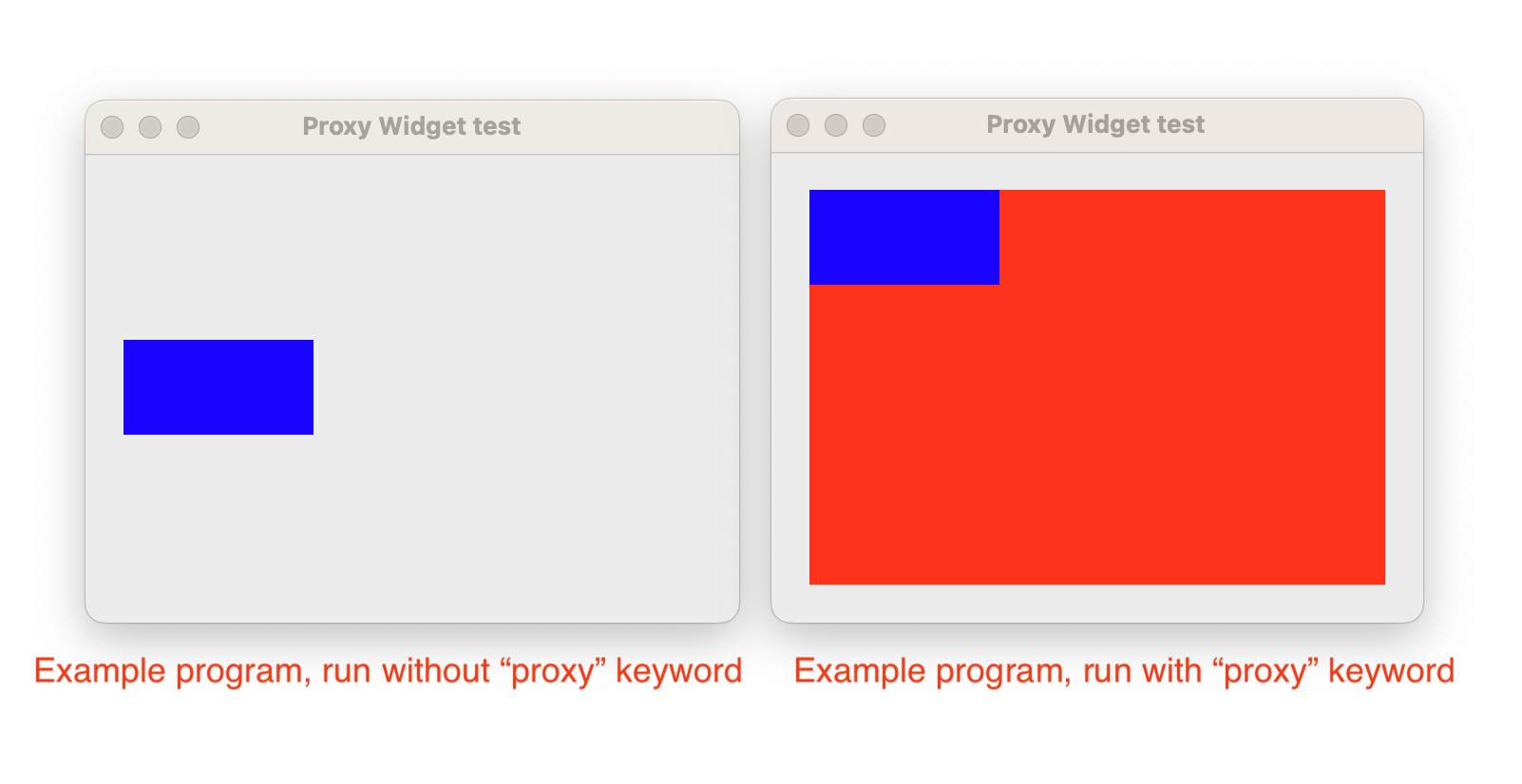 screenshots of example program, with and without "proxy" keyword supplied