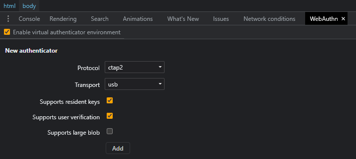 Virtual-authenticator environment in Chrome Dev Tools