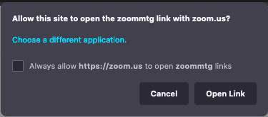 Dialog box that says "Allow this site to open the zoommtg link with zoom.us?