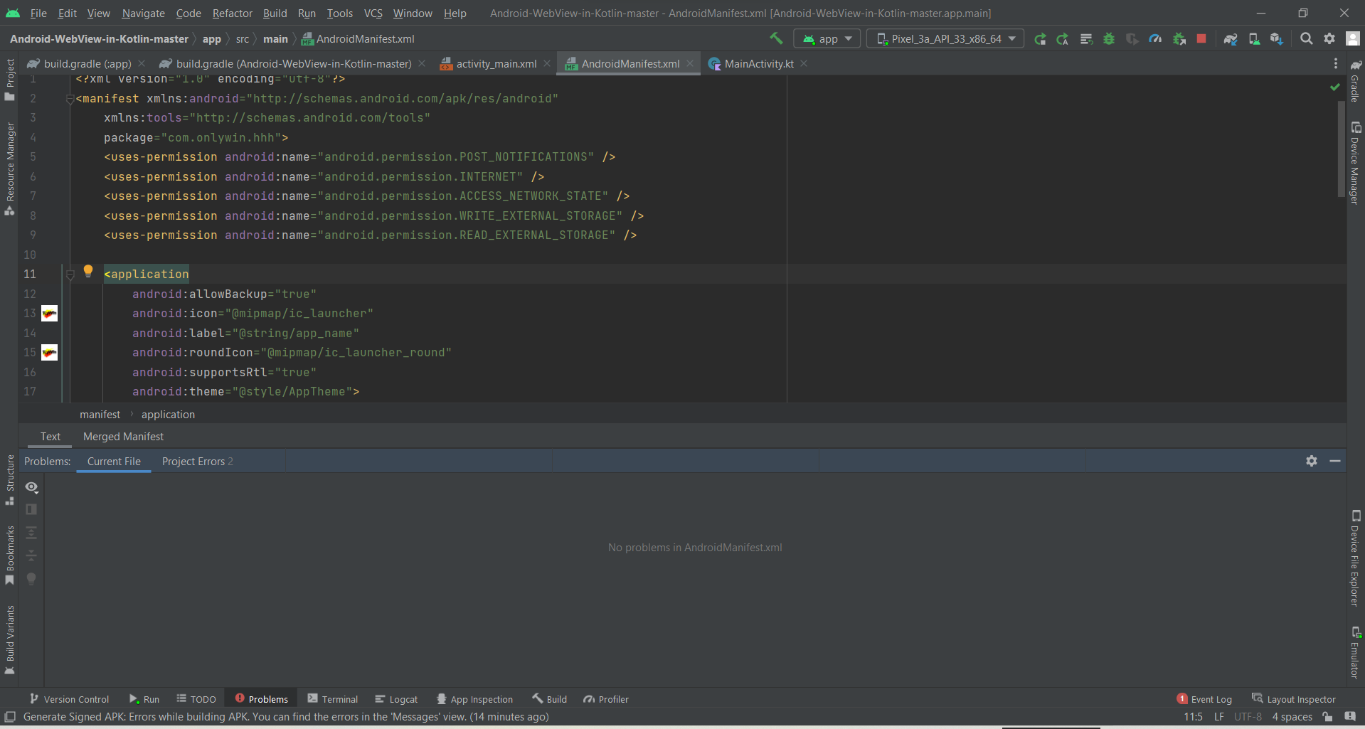no errors in androidmanifest file