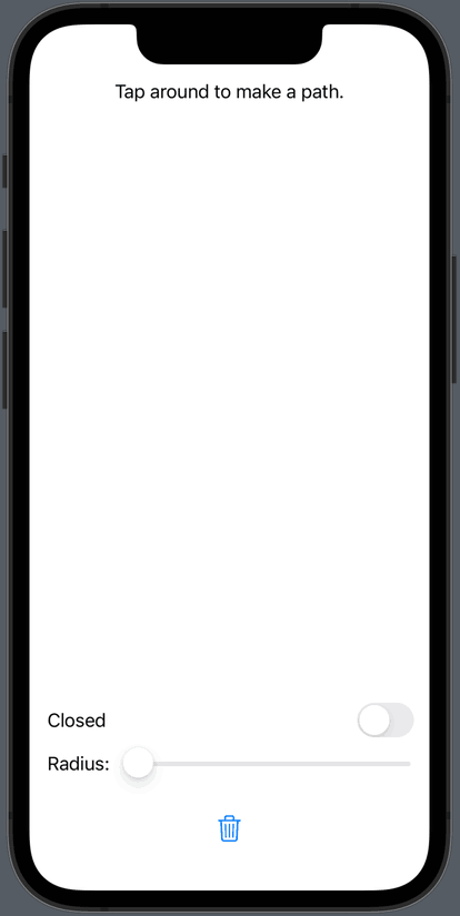 Animated demo of corner rounding. First I tap several times to create a zig-zag path of straight lines. Then I adjust the radius slider to round the corners. Then click the Closed toggle to close the path, showing that it correctly rounds the closing corner.
