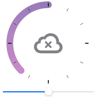 A gauge. It has tick marks at the standard clock hour positions, with the ticks for positions 3, 6, 9, and 12 thicker than the others. It has a color arc that goes from about the 7:30 position clockwise around to about the 4:30 position. The color at 7:30 is pink. The color at 4:30 is indigo.