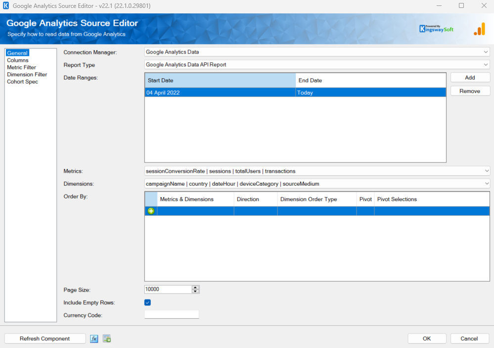 Google Analytics Source Editor (Connector from KingswaySoft - SSIS Integration Toolkit)