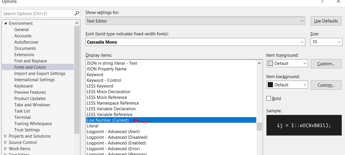 line number (current) property in the fonts and colors window