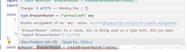 VS Code popover explaining the Unsafe assignment of an any value.