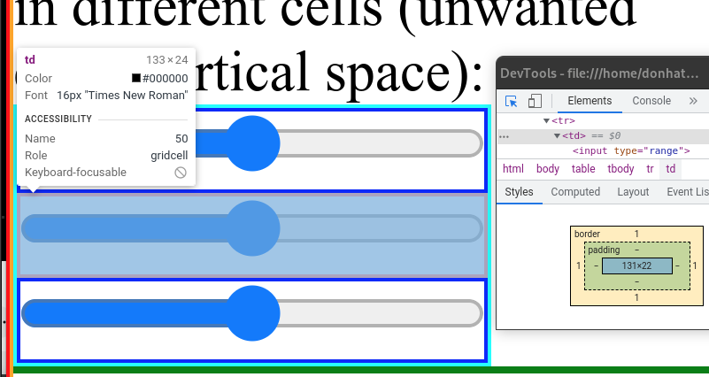 inspecting the td element: it's 24 pixels high