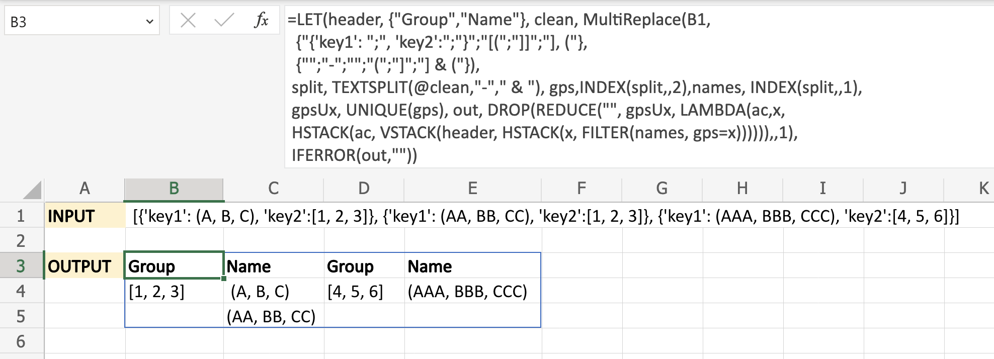 excel output