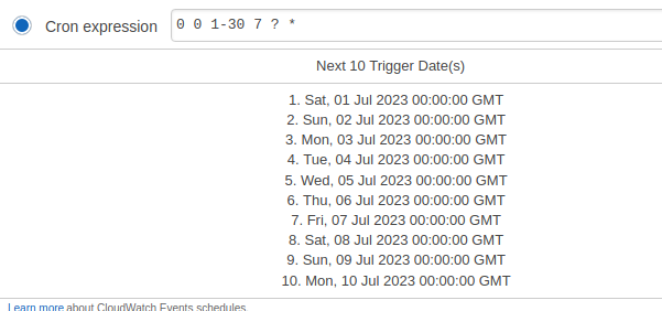 Event bridge Cron expression config