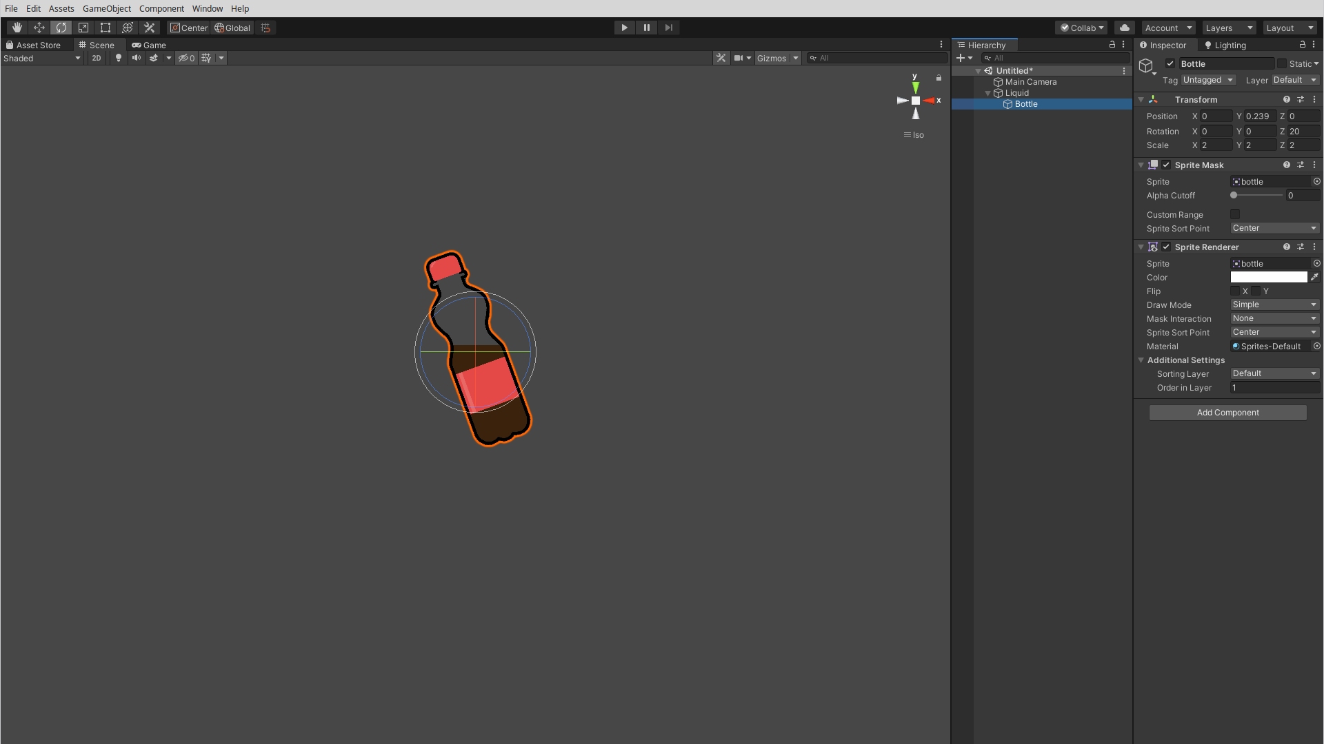 view of the bottle game object and components