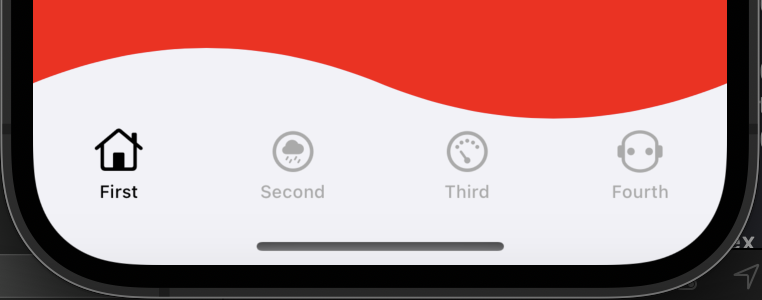 A tab bar with four tabs: a house icon, a cloud-and-rain icon, a speedometer icon, and a head with headphones icon. The window background is red. The tab bar background is white and the top edge of the tab bar is curved like one cycle of a sine wave. The house icon is selected.