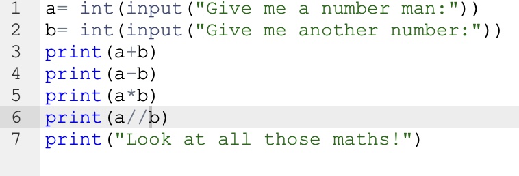 need help to figure out how to make the output run to show something like this 4 6=10 encluding -,*,divde