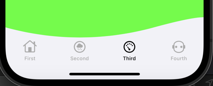 The same tab bar as above. Now the speedometer tab is selected, the window background is green, and the sine wave is shifted so the trough is roughly over the cloud-with-rain icon and the peak is off the right side of the screen.