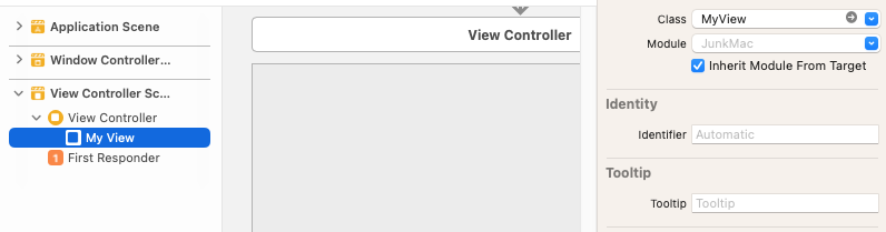 Storyboard view showing a custom class of MyView for an NSView