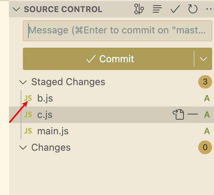 screenshot of source control view with an arrow pointing to first entry