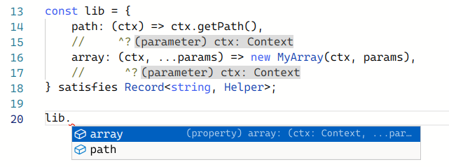 TypeScript playground showing lib. with the code suggestions path and array