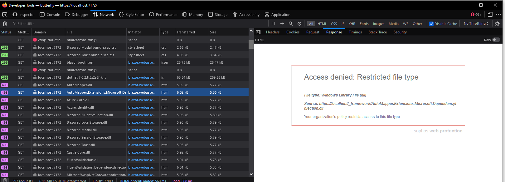 Network tab showing blocked requests